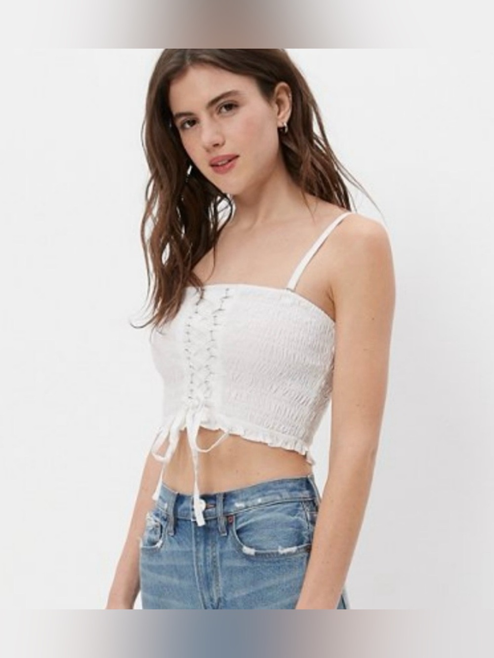 ANERICAN EAGLE White Cotton Smocked Lace Up Crop Tube Top Large Boho Summer